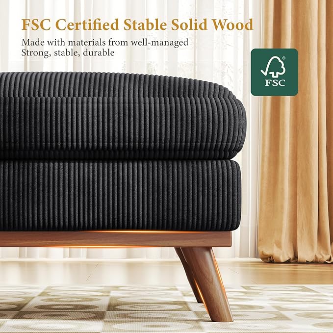 Vesgantti Large Ottoman for Modular Sofa, 29.5" Corduroy Ottoman with Spring Cushion, Rectangle Foot Rest for Couch, Entrance Footstool with Wood Legs, Footstool for Living Room, Bedroom, Black