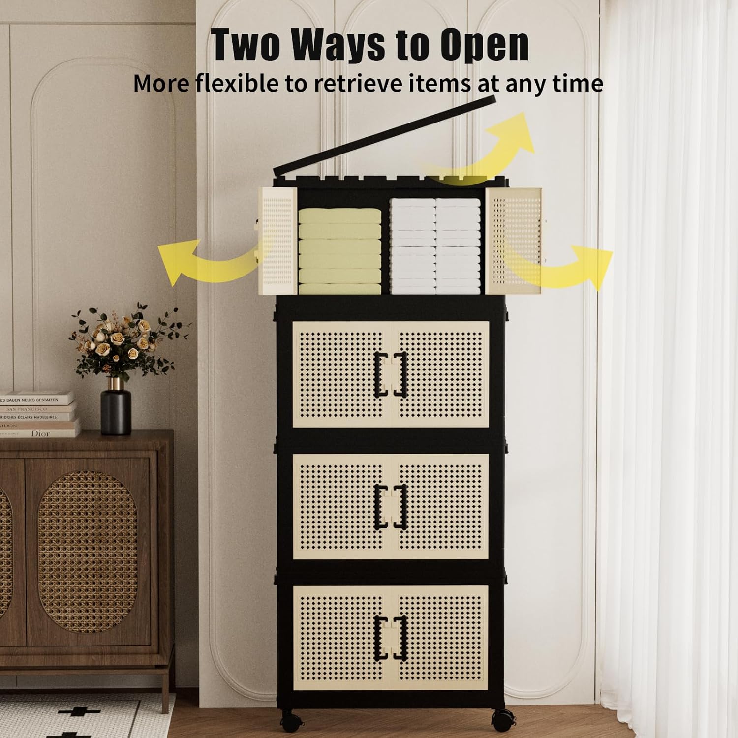Stackable Storage Bins with Lids,Collapsible Plastic Storage Box Closet Organizers and Storage with Wheels and Magnetic Door for Home Office Dorm (4 Pack)