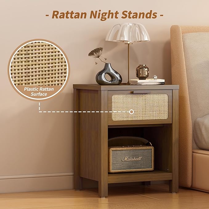 Rattan Nightstand, Mid Century Modern Bedside Table with Opening Storage,Larg...