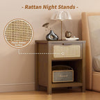 Rattan Nightstand, Mid Century Modern Bedside Table with Opening Storage,Large Side Table with Drawer,Boho Night Stand,Wooden End Table,Handmade Solid Wood Handle,Walnut CTG65BR