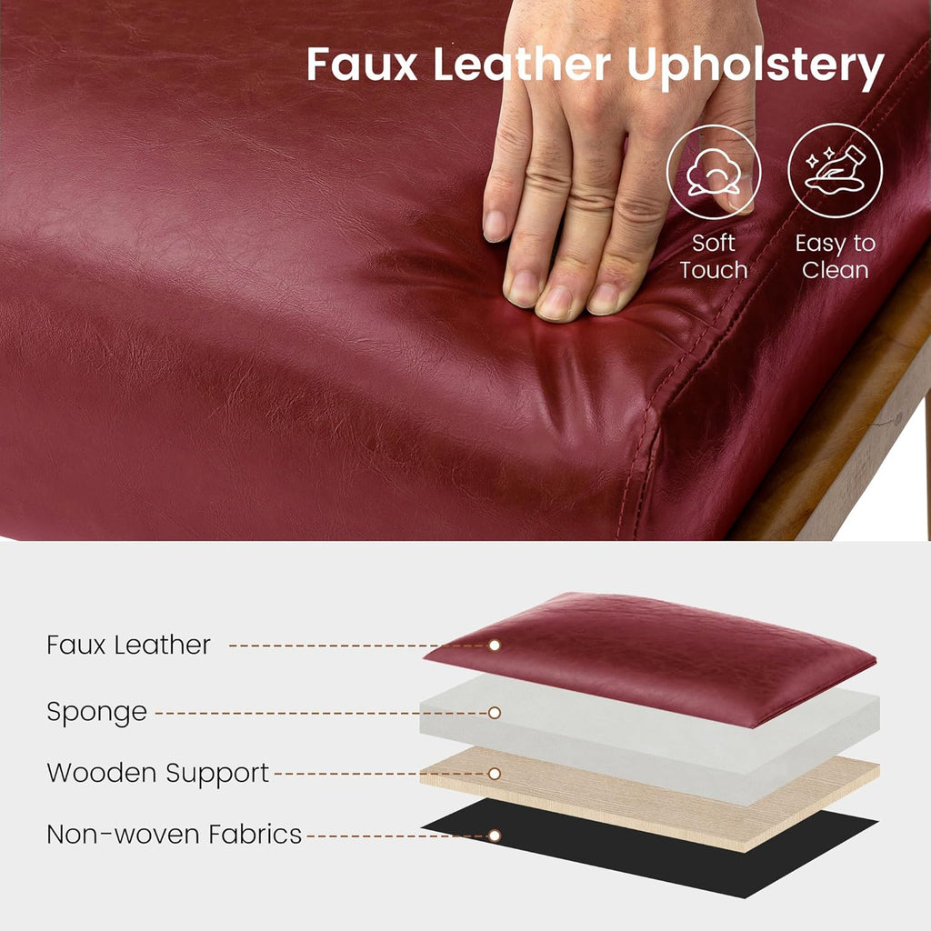 Glitzhome Foot Stool Ottoman, Modern Leatherette Sofa Stool Vanity Chair with Rubber Wood Frame, Footrest Ottoman Bench for Living Room, Entryway, Wine Red