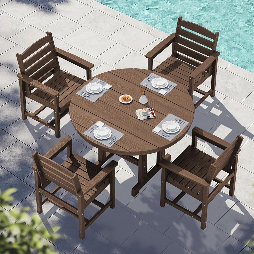 SERWALL 5-Piece HDPE Round Dining Set, 45" Table, 4 Chairs, Brown