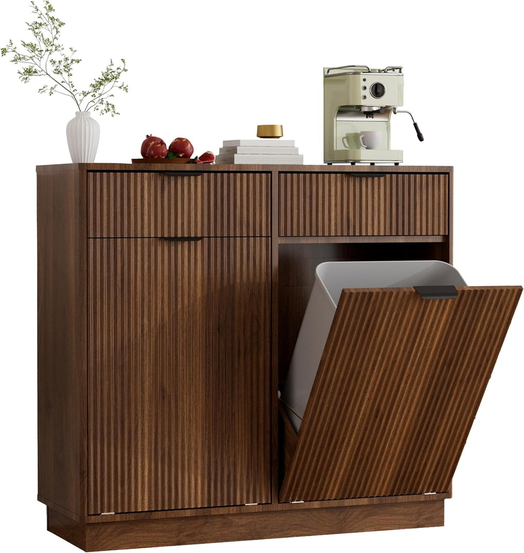 Double Tilt-Out Trash Cabinet, Laundry Hamper Cabinet with 2 Drawers, 39.4W x 34.3H x 13.8D inches, Walnut, Wave-Textured Front.