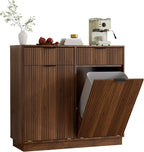 Double Tilt-Out Trash Cabinet, Laundry Hamper Cabinet with 2 Drawers, 39.4W x 34.3H x 13.8D inches, Walnut, Wave-Textured Front.