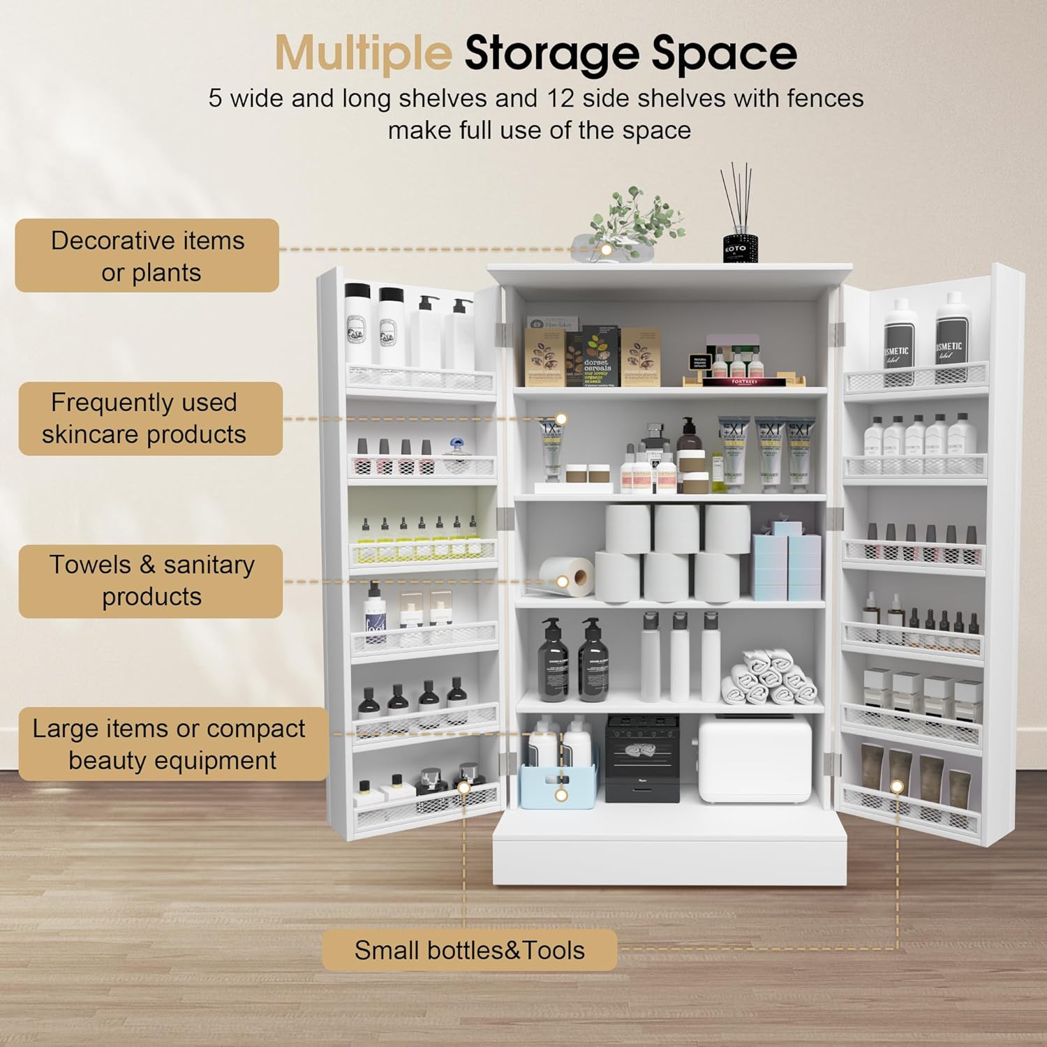 BarberPub Storage Cabinet, Multi-Functional Beauty Salon Organizer with Hinged Door, Adjustable Shelves, for Spa, Home, Office 2024 (White)