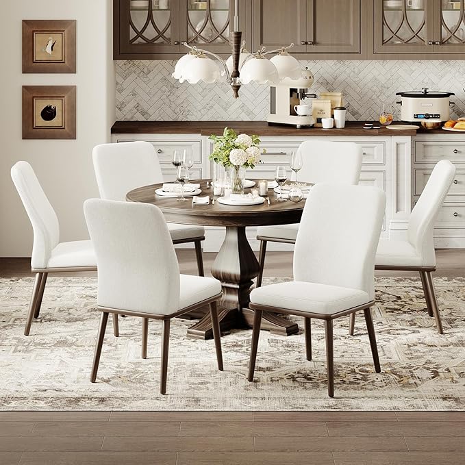Modern Dining Chairs Set of 4, Upholstered Kitchen Chairs with High Back, Padded Fabric Dining Room Chair with Solid Wood Legs for Restaurant/Cafe/Home, Beige