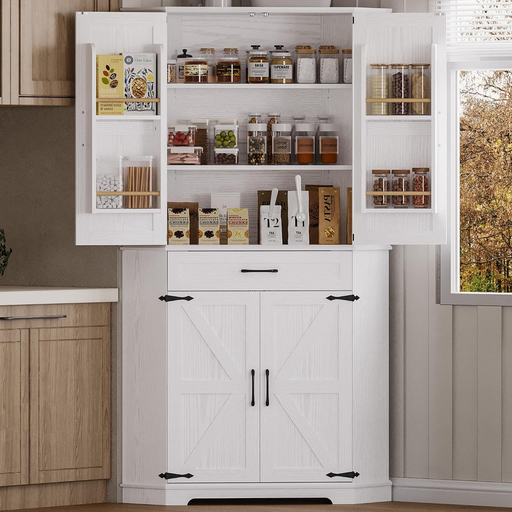 IRONCK 72" Corner Pantry Cabinet with Drawer and 4 Doors, White | Kitche...