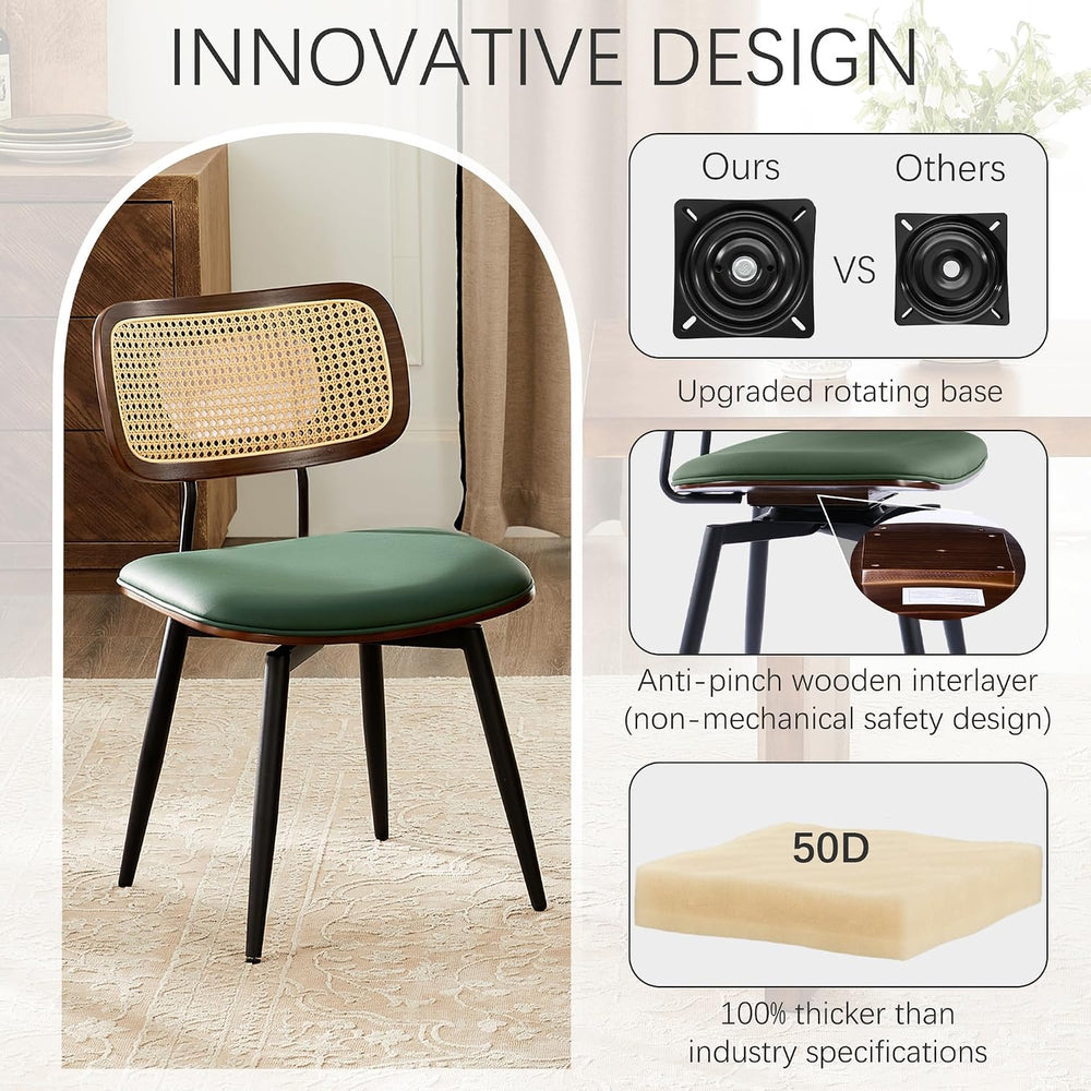 Dining Chairs, Set of 4, Modern, Green, Rattan & Faux Leather, Swivel wit...