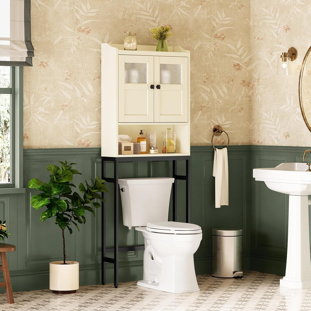Over The Toilet Storage Cabinet, Above Toilet Bathroom Storage Cabinet with Double Doors and Soft Hinges Over Toilet Storage Shelf Over Toilet Bathroom Organizer (Cream White)