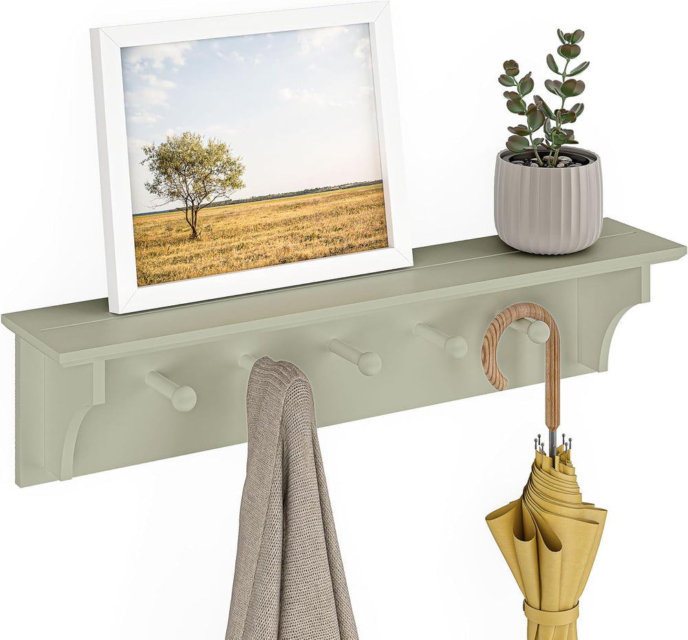 Ballucci Wall Mounted Coat Rack 24" Long, 5 Hooks, Hanging Floating Shelf