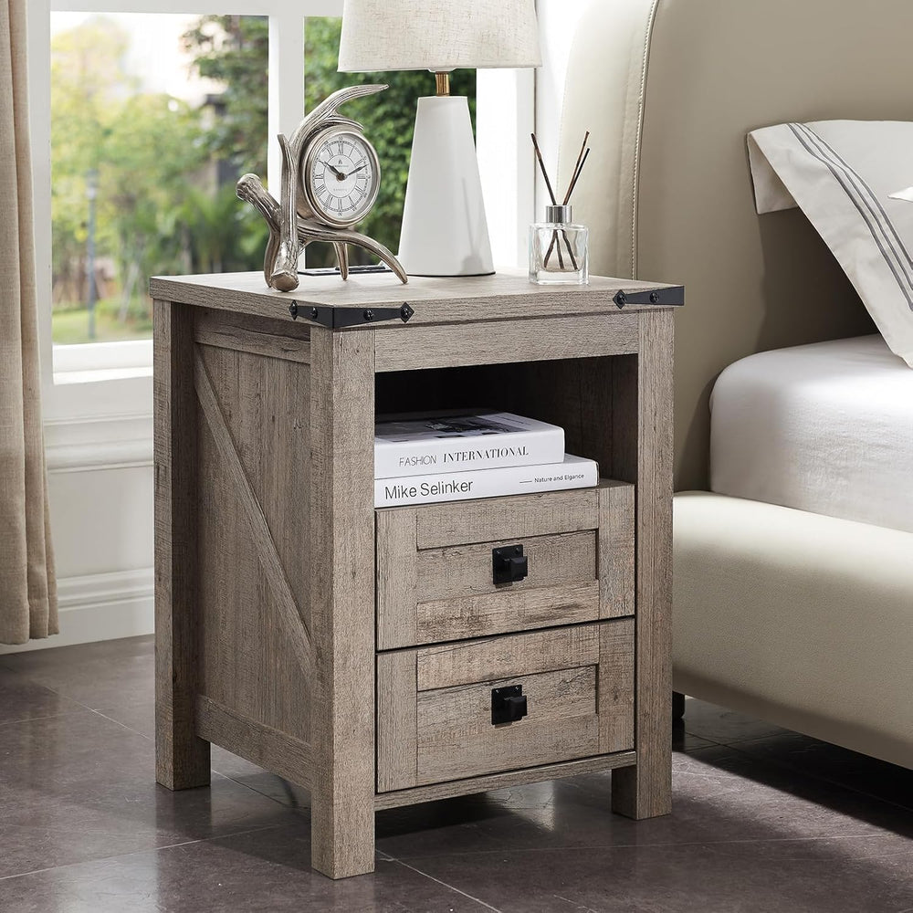 T4TREAM Farmhouse Nightstand Set of 2, Rustic End Table with 2 Drawers, Charg...