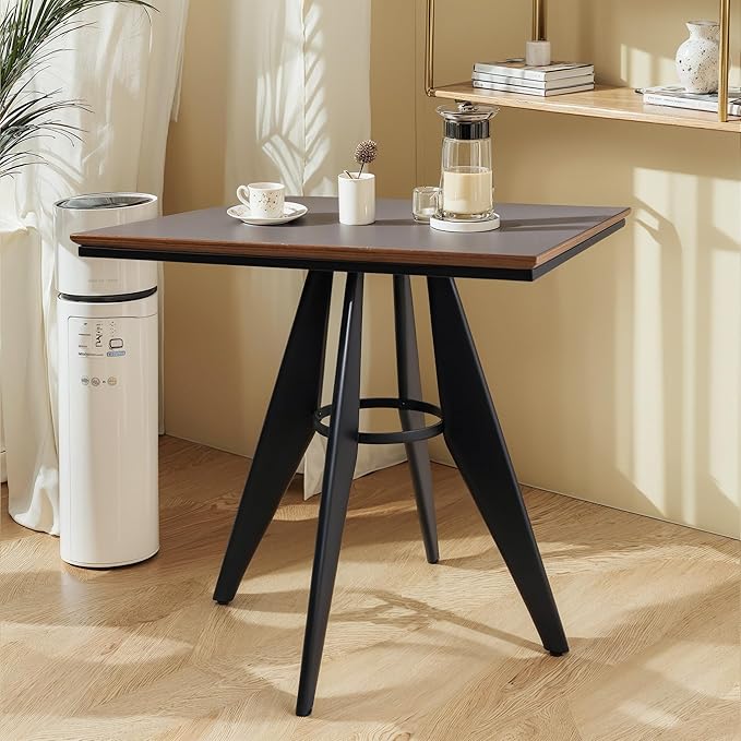 Square Cafe Table - 27.6" Oak Wood Top, Metal Frame, 28.15" High, Modern Industrial Dining Table for Kitchen, Home Office, Bistro, Compact for Space Saving