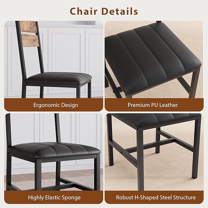 Dining Table Set for 4, Extendable Kitchen Table with 4 PU Leather Upholstered Dining Room Chairs, Wood Kitchen Table Set with Built-in Storage Rack for Dining & Small Spaces, Rustic Brown