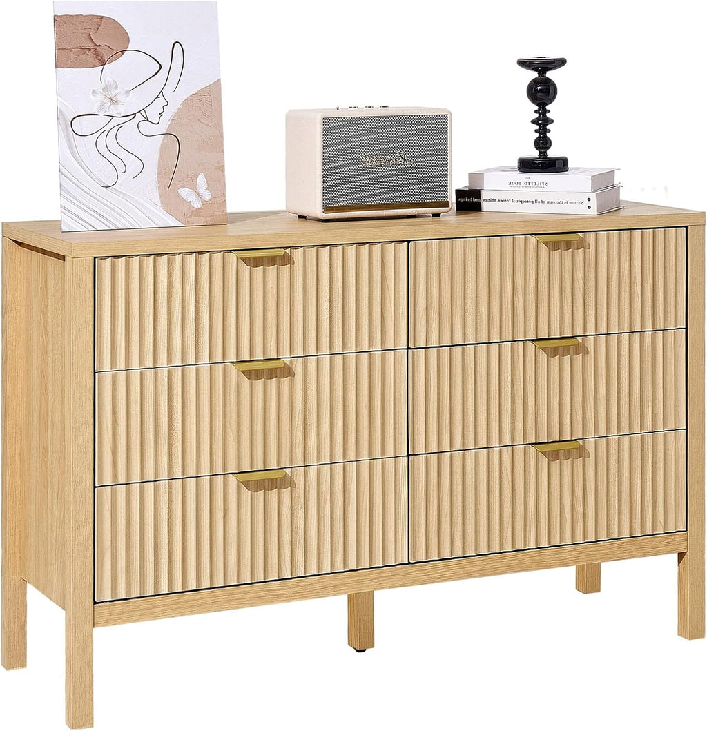 VEVOR Fluted Dresser with 6 Drawer, 47" Wide Chest of Drawers with Golden Metal Handle, Modern Closet Dresser TV Stand, Boho Wood Storage Organizer for Bedroom, Living Room, Hallway, Entryway, Natural