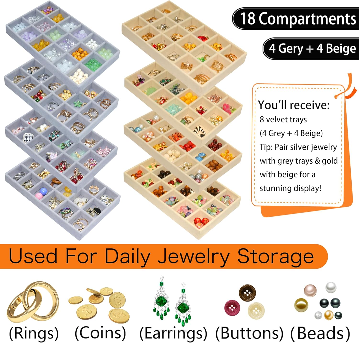 8 Pack Stackable Jewelry Organizer Tray Earring Holder Organizer Case Velvet Jewelrry Storage Drawer Insert Earring Stacking Trays for Dresser 144 Grids (4 Pack Beige,4 Pack Grey)