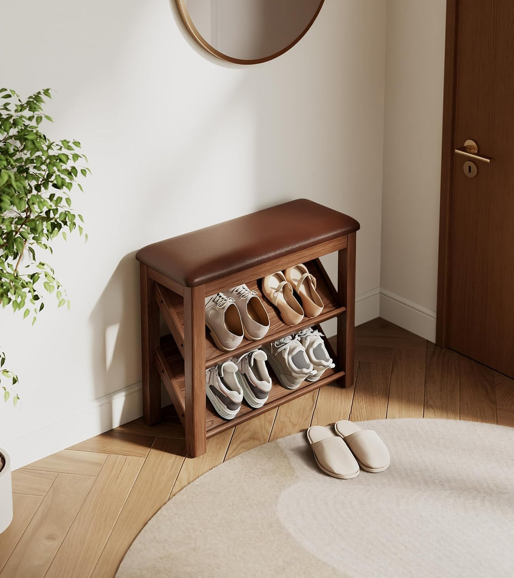 AQIMUELE Rubberwood Shoe Bench with Leather Cushion and Slanted Shelves | Sol...