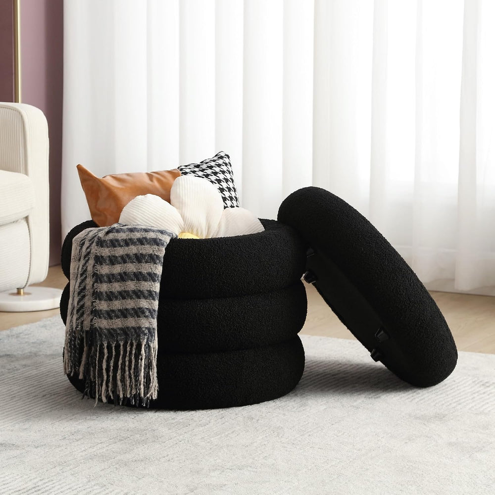 19.5 Inch Round Storage Ottoman, Modern Sherpa Ottoman Coffee Table with Remo...