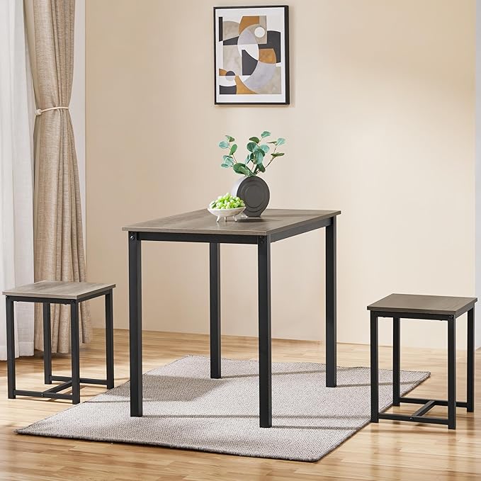 Yaheetech 3 Piece Dining Table Set - Kitchen Table & Chair Sets for 2 - Compact Table w/ 2 Stools & Space Saving Design for Dining Room Living Room Kitchen, Gray