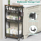 XYZLVSI Slim Storage Cart 4 Tier Laundry Cart with Wheels, Narrow Metal Kitchen Rolling Carts Bathroom Organizers Storage Shelf with Wood Rack and Handle for Small Space