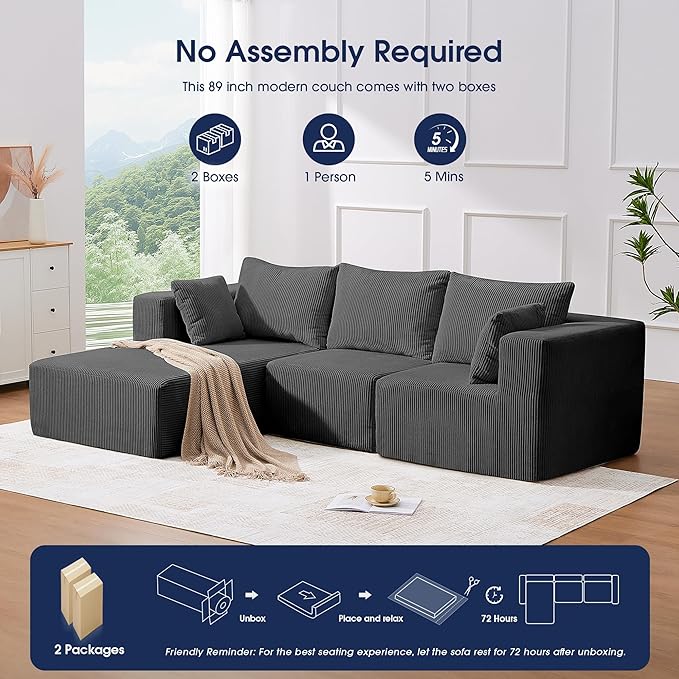 KINGYES Boneless Chaise Lounge Chair for Modular Sectional Sofa, L Shape Corduroy Upholstered Chaise Lounge for Living Room, Gray