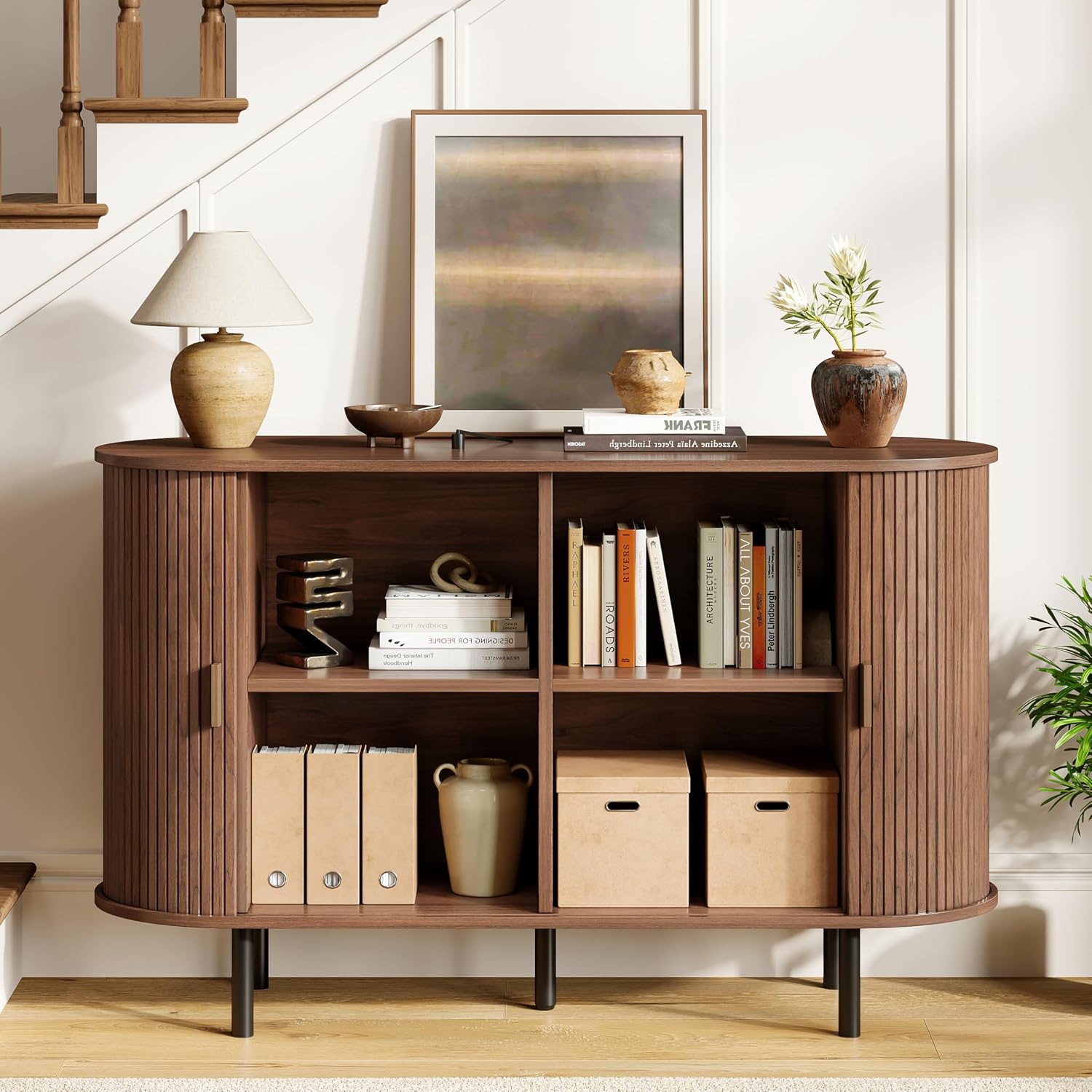 Buffet Sideboard Cabinet with Storage, 48" Fluted Cabinet with Sliding Door & Adjustable Shelf, Modern Accent Coffee Bar Console Table for Kitchen, Entryway, Walnut