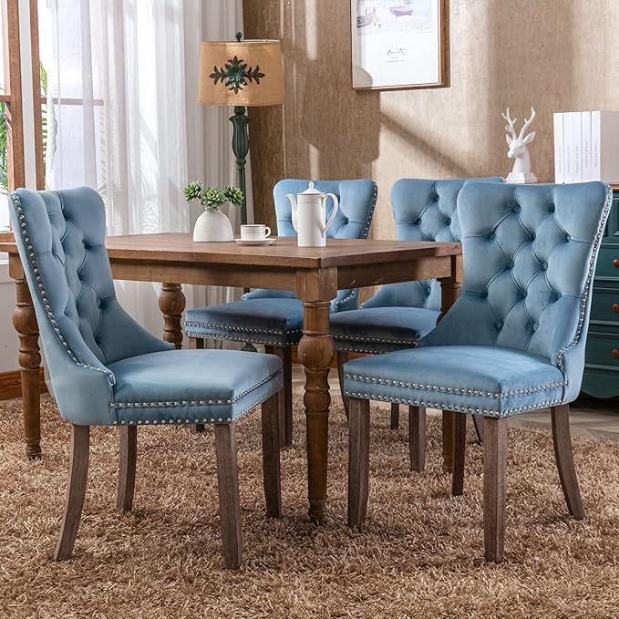 Modern Dining Chairs Set of 2, Tufted Upholstered Dining Chair with Solid Wood Legs, Light Blue Velvet Accent Chair, Sillas de Comedor, Comfy Kitchen Chairs (Light Blue, Velvet, 2Pcs)