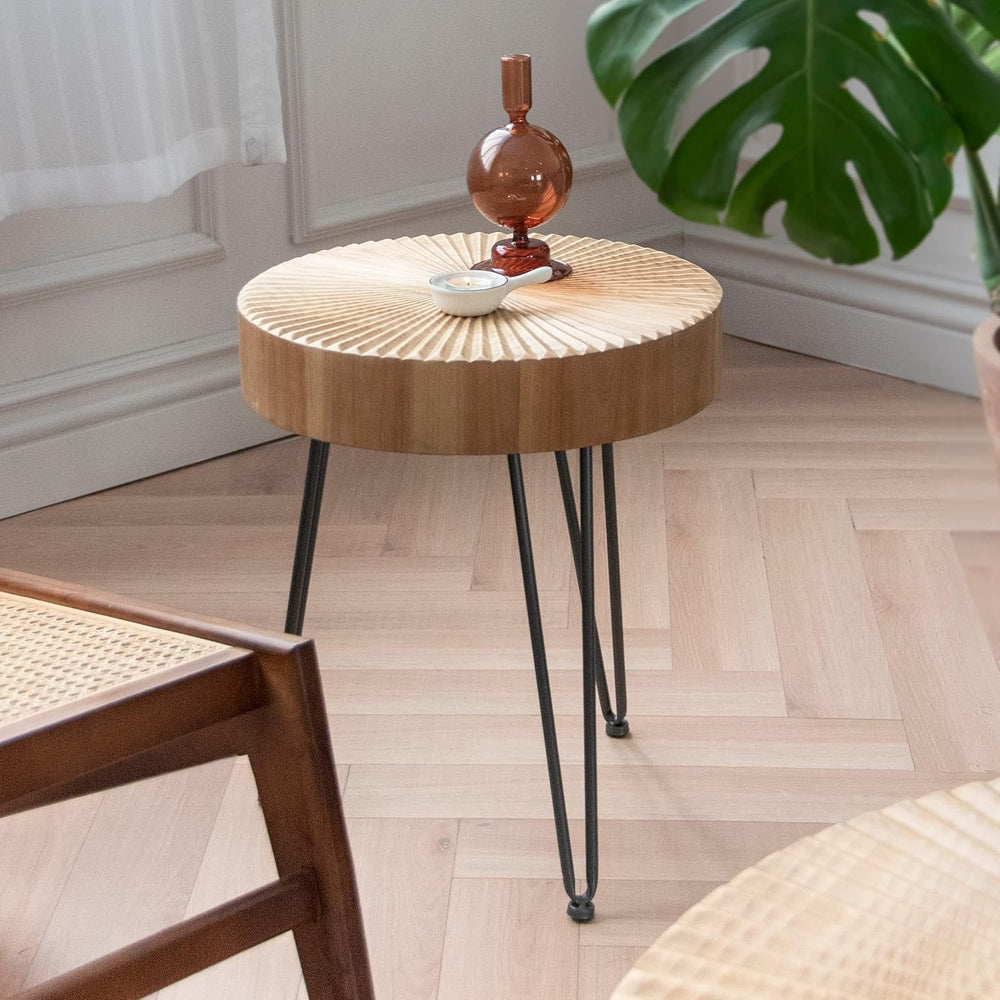 2-Piece Farmhouse Nesting Table Round | with Handcrafted Wood Radial Pattern,...