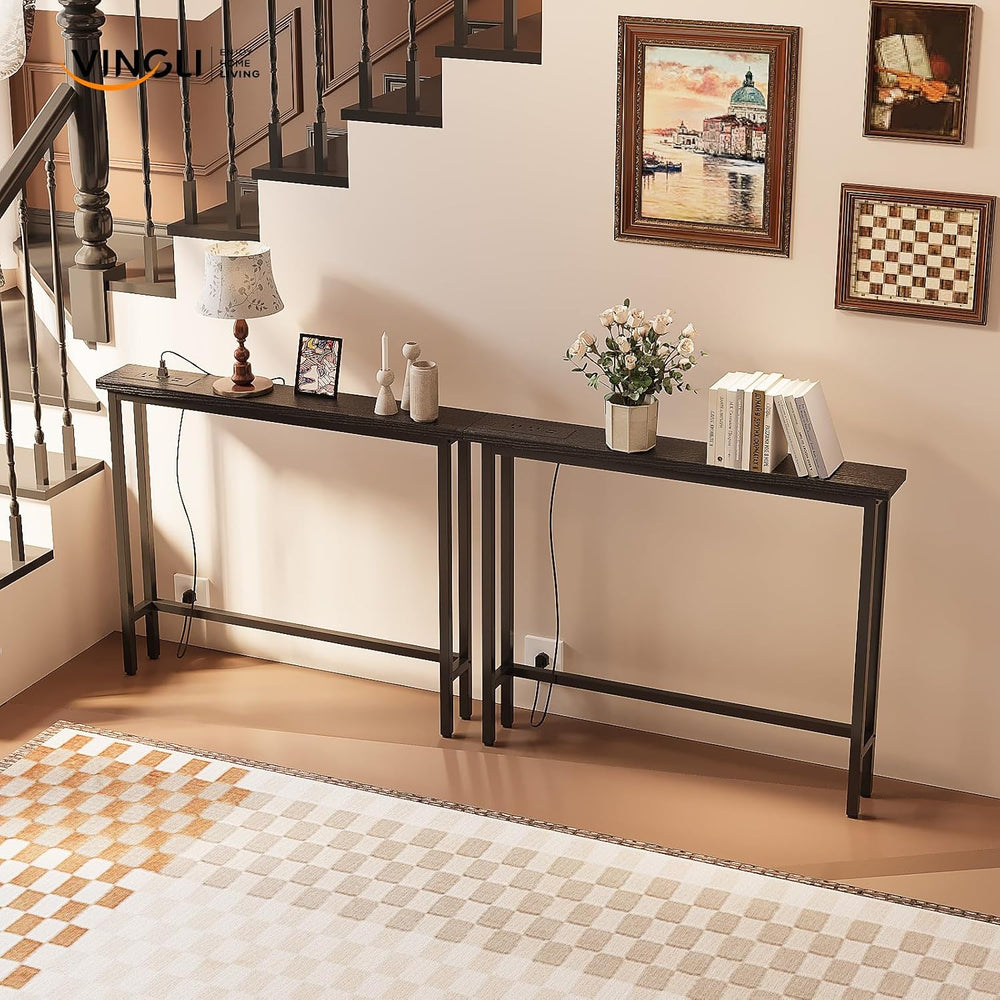 VINGLI 79" Console Table with Power Outlet, Narrow Sofa Table 2 Pack, Black