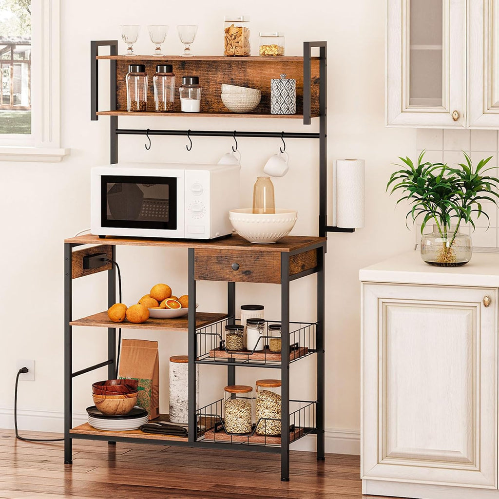 HOOBRO Bakers Rack with 4 AC Power Outlets, 5-Tier Coffee Bar with Wire Basket, Microwave Stand with Paper Holder and Drawer, Kitchen Storage Shelf, Rustic Brown and Black BF84UHB01