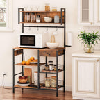 HOOBRO Bakers Rack with 4 AC Power Outlets, 5-Tier Coffee Bar with Wire Basket, Microwave Stand with Paper Holder and Drawer, Kitchen Storage Shelf, Rustic Brown and Black BF84UHB01