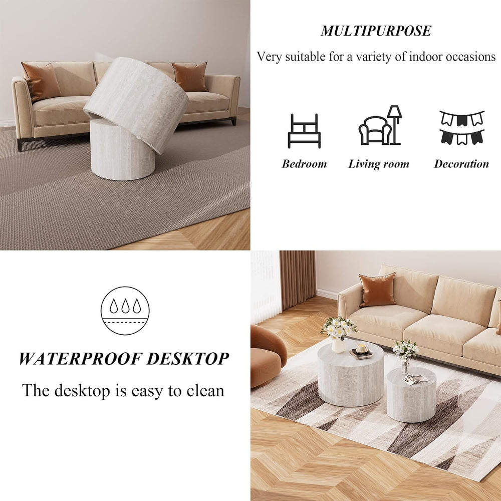 2-Piece Round Nesting Coffee Table Set with Travertine Texture, Modern Stacka...