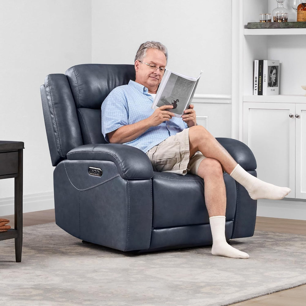 Watson & Whitely Genuine Leather Wall Hugger Power Recliner, Navy Blue