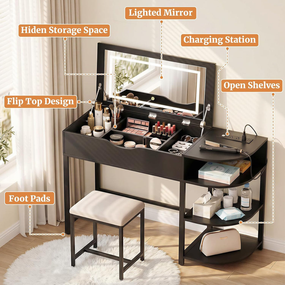 Cyclysio Vanity Desk with Flip Top Mirror and Lights, Black | Makeup Vanity D...