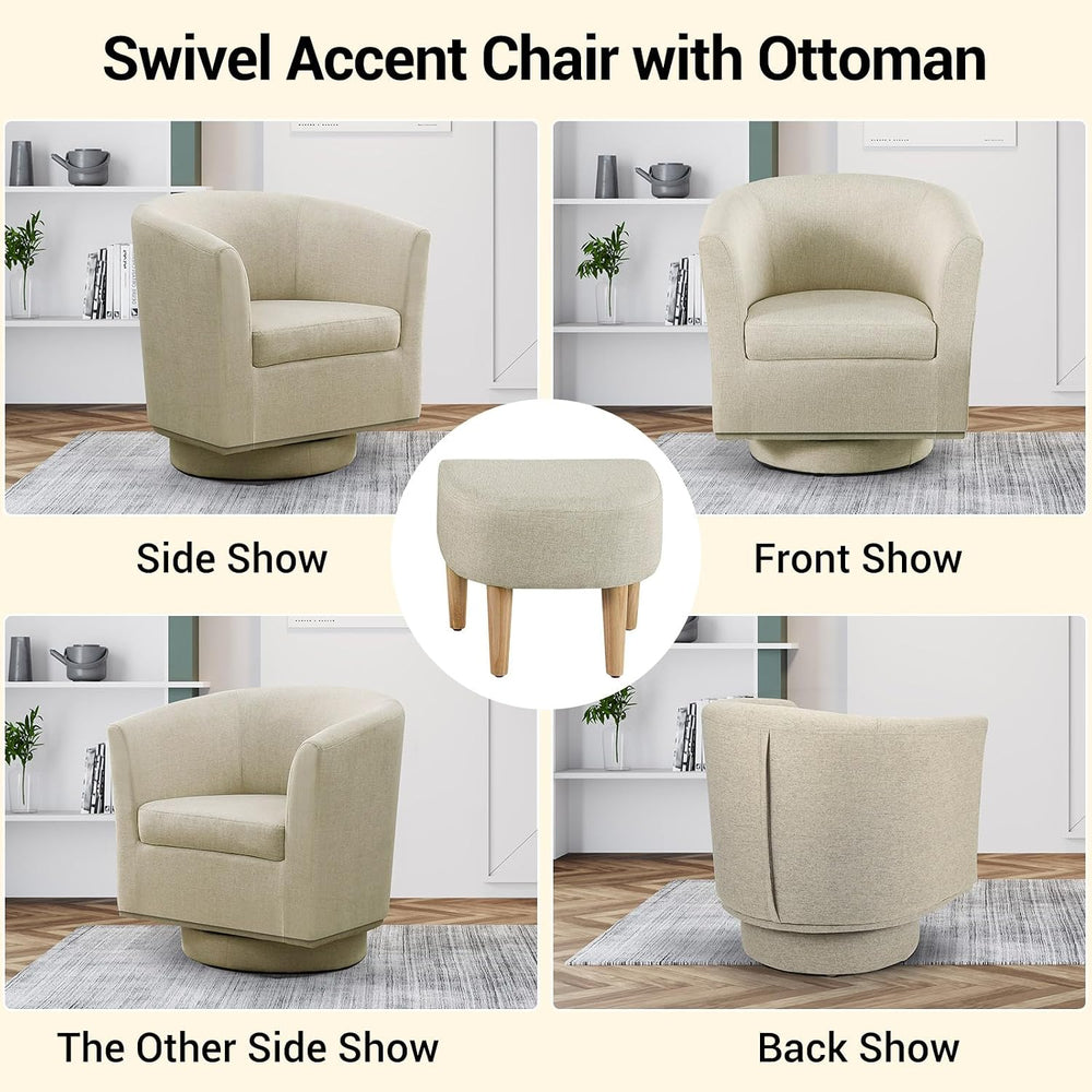 DAZONE Beige Swivel Accent Chair with Ottoman, Comfy Barrel Armchair for Smal...