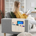 TV Remote Control Holder Couch Caddy, Non-slip Bedside Caddy Organizer with 5 Pockets for Key Glasses Phone Magazine Holders (Beige, 35"x12.4")