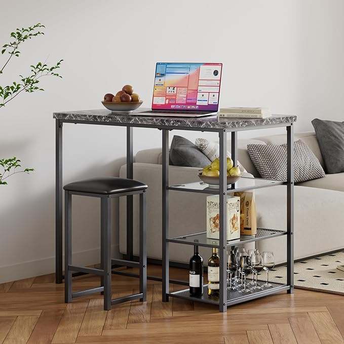 VECELO Small Bar Table and Chairs Set for 2, Upholstered Stools & Glass Storage Shelves, for Kitchen Dining Breakfast Nook, Space-Saving, Faux Marbled & Black