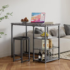 VECELO Small Bar Table and Chairs Set for 2, Upholstered Stools & Glass Storage Shelves, for Kitchen Dining Breakfast Nook, Space-Saving, Faux Marbled & Black