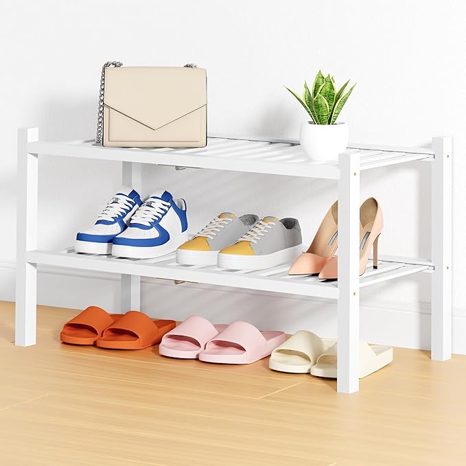 Smiry Shoe Rack, 2 Tier Thick Bamboo Shoe Organizer, Stackable Free Standing Wooden Shoe Storage Shelf for Closet, Entryway, Front Door Entrance, White