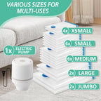 Cozy Essential 20 Pack Vacuum Storage Bags with Electric Pump, Vacuum Seal Space Saver Bags for Clothing, Pillows, Blanket, Bedding, Comforters