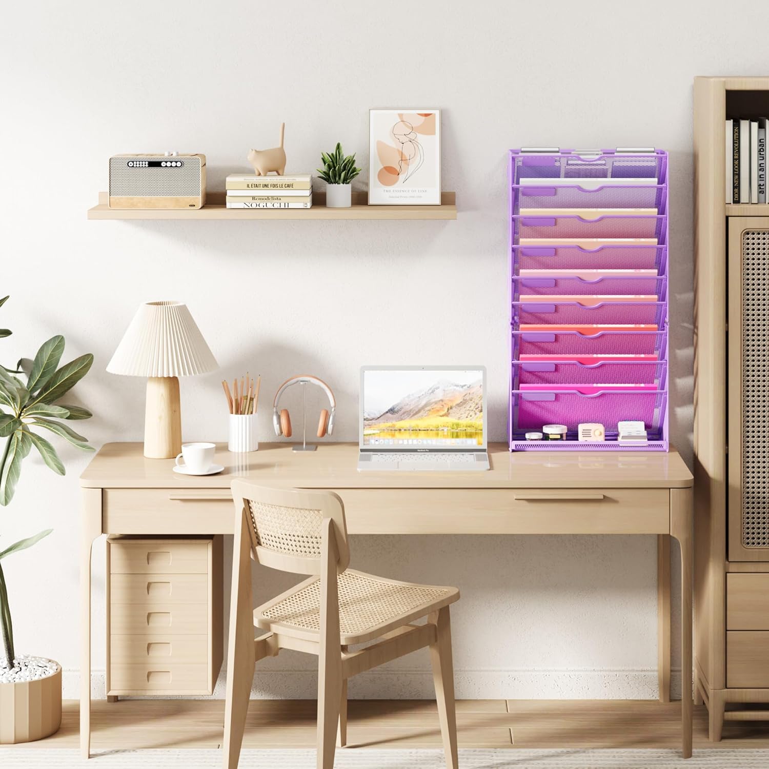 Lavatino Hanging Wall File Folders Organizer - 10-Tier Purple Metal Mesh Paper Magazine Document Mail Holder File Organizer for Office School Home Wall Mount or Desk Supplies Organization