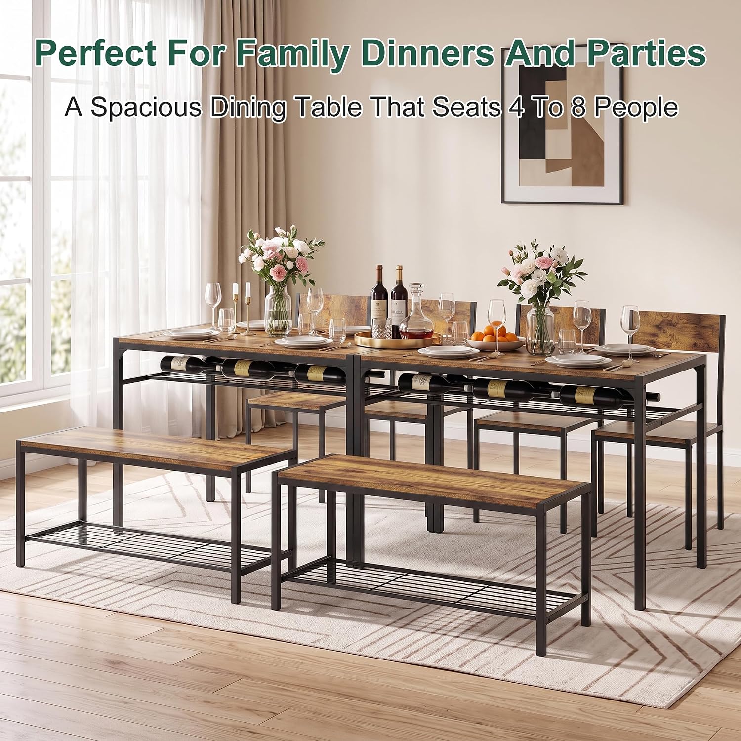 VECELO Kitchen Dining Room Table with 2 Chairs & Bench, Compact Space-Saving Design, Easy Assembly Steel Frame, Perfect for Small Apartments & Breakfast Nooks，Dark Brown