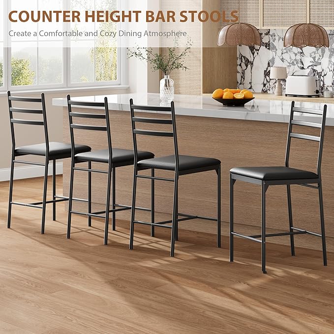 GarveeHome Bar Stools Set of 4, Counter Height Bar Chairs with Back and Thick Cushion, Upholstered Dining Chairs with Padded Seat, Barstools for Kitchen Island, Bar, Dining Room, Retro Black