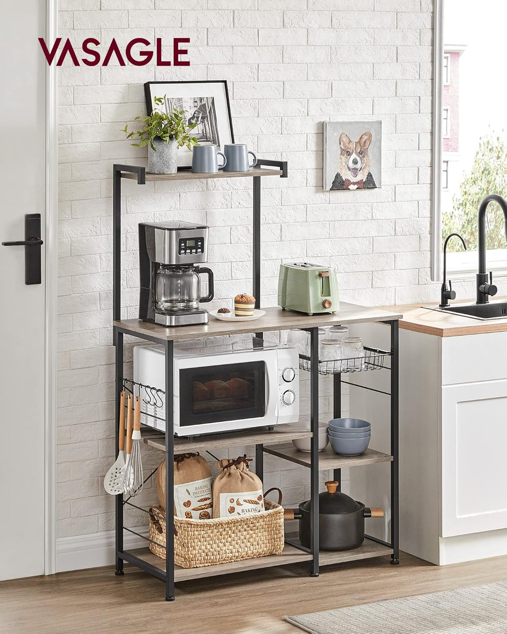 VASAGLE Baker's Rack, Microwave Stand, Kitchen Storage Rack with Wire Basket, 6 Hooks, and Shelves, for Spices, Pots, and Pans, Heather Greige and Ink Black UKKS035B02