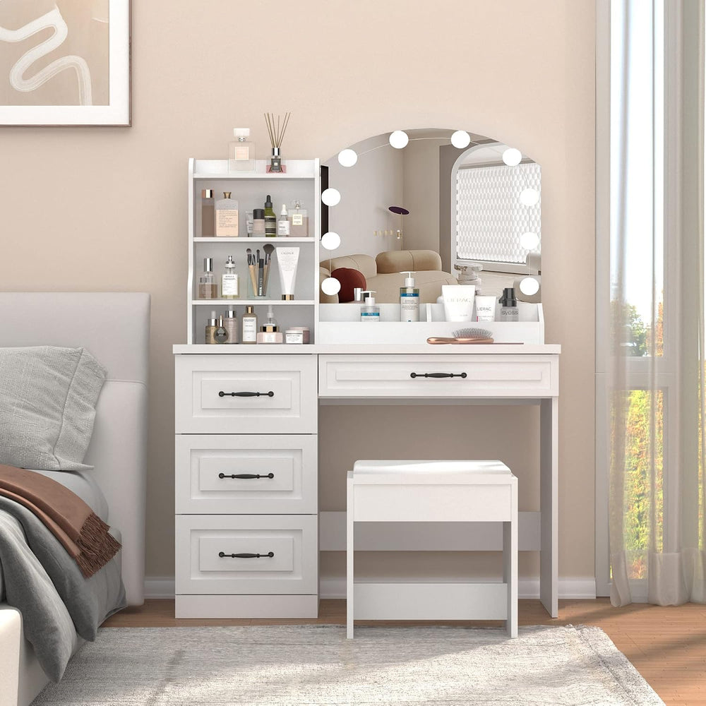 Vabches Vanity Desk with Mirror and Lights,Makeup Vanity Set for Bedroom | Wh...