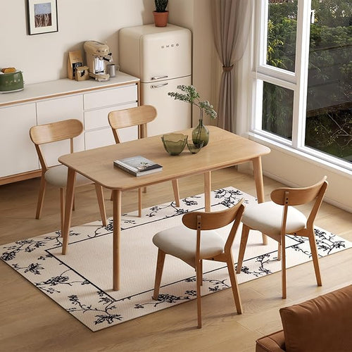 100% Solid Oak Dining Chairs, Mid Century Modern Dining Chair with Curved Backrest, Fabric Upholstered Dining Chairs for Kitchen, Study, Living Room (4, Original Wood-Pear White Cushion)