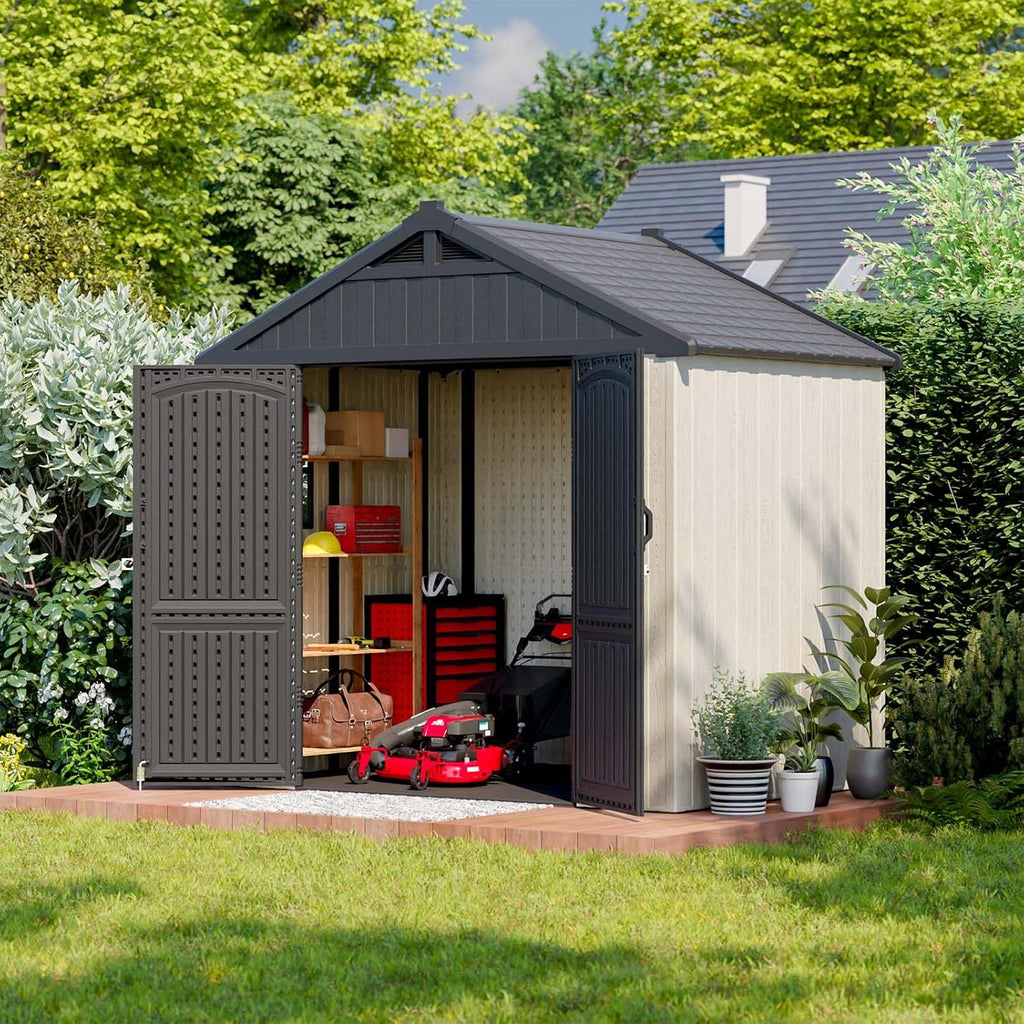 Patiowell 8x6 FT Outdoor Storage Shed, Plastic Shed Resin Garden Shed with Floor & Window & Lockable Door for Patio Furniture, Backyard Tools, Bicycles & Lawnmower, Beige