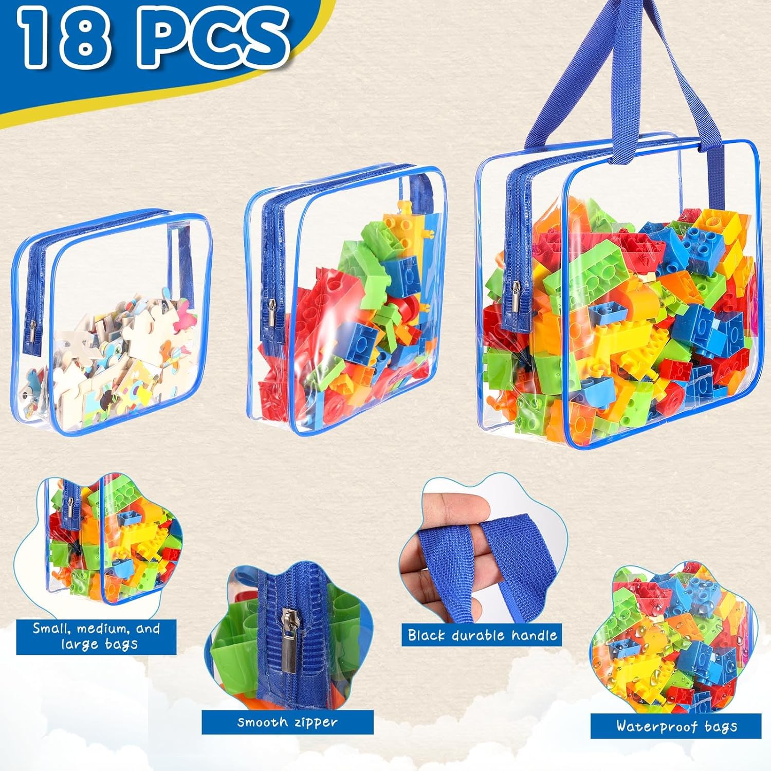 18 Packs Large Toy Storage Bags with Labels, Clear PVC Bags Travel Waterproof Kids Toy Organizer Bags with Zipper for Building Blocks Puzzle Kids Books (Blue-3 Size)