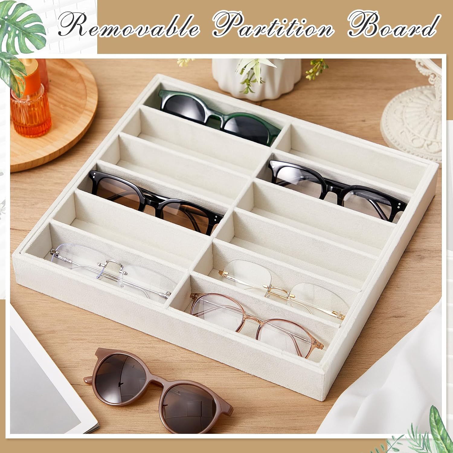 2 Pcs Sunglass Organizer Trays Glasses Stackable Jewelry Trays Sunglass Organizer Display Box (12 Grids,Beige)