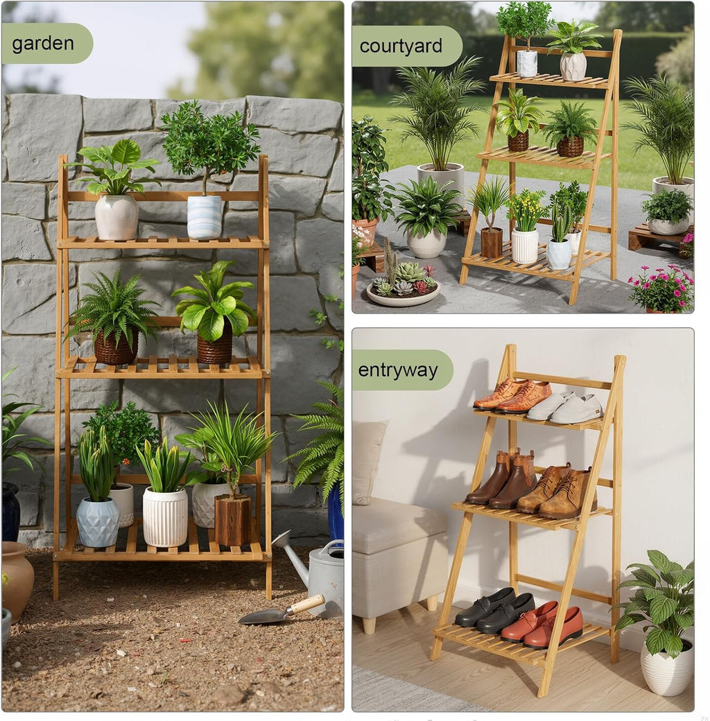 Bamboo Ladder Plant Shelf, 3 Tier Foldable Flower Pot Display Rack, Indoor Outdoor Balcony Decor, Freestanding Plant Organizer for Home Patio Lawn Garden Wooden