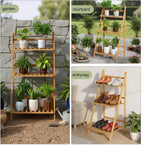 Bamboo Ladder Plant Shelf, 3 Tier Foldable Flower Pot Display Rack, Indoor Outdoor Balcony Decor, Freestanding Plant Organizer for Home Patio Lawn Garden Wooden